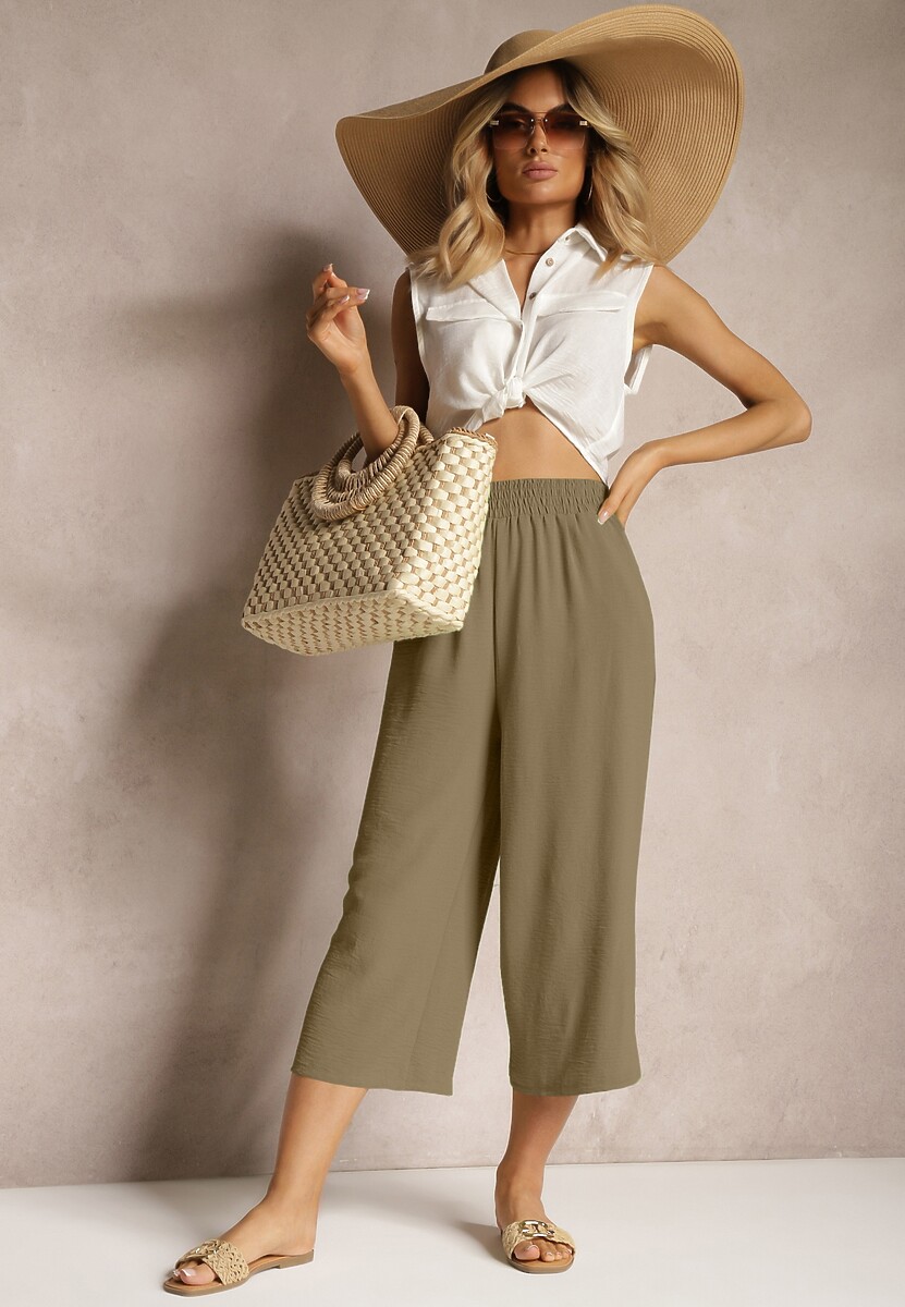 Białe Spodnie Palazzo z Gumką w Talii i Długością Nogawki 3/4 Moolia