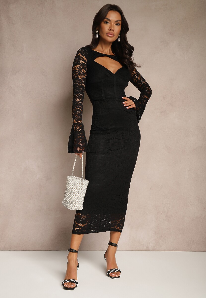 Czarna Koronkowa Sukienka o Dopasowanym Kroju z Rozszerzanymi Rękawami Seliriel
