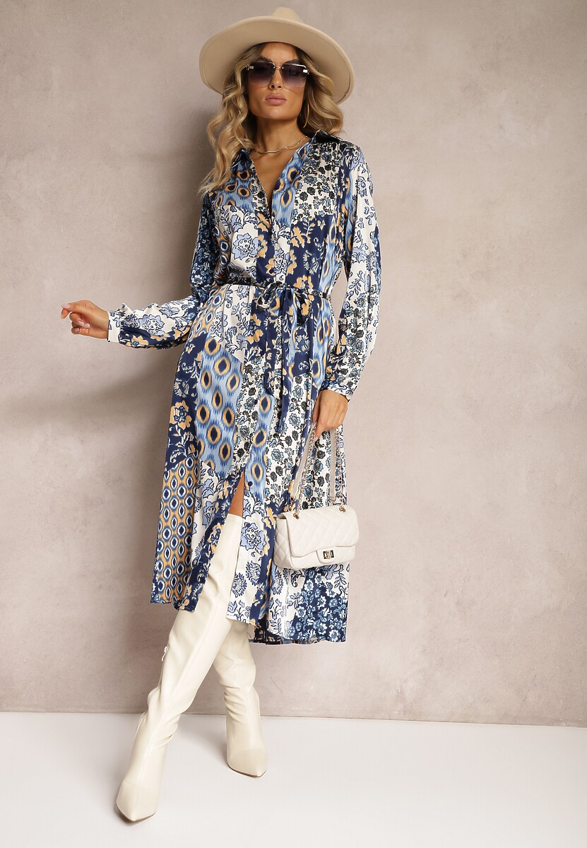 Niebiesko-Granatowa Sukienka Rozkloszowana o Koszulowym Fasonie z Ornamentalnym Printem Elyisa