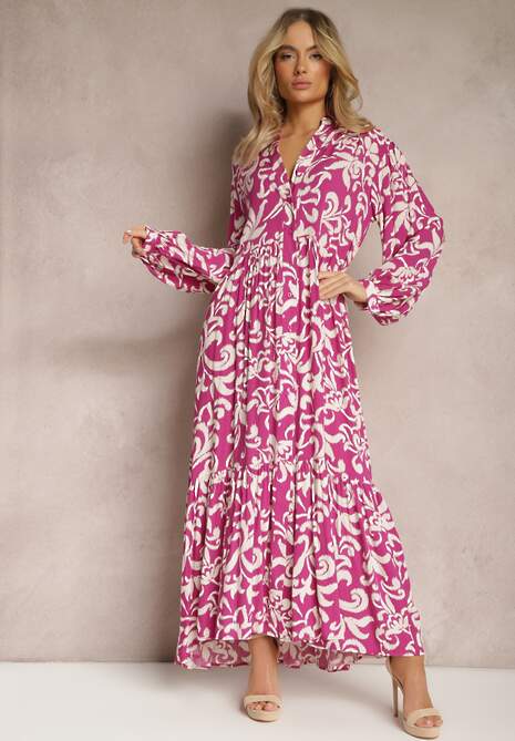 Fuksjowa Rozkloszowana Sukienka Maxi z Wiskozy o Koszulowym Kroju w Ornamentalny Print Leonorra