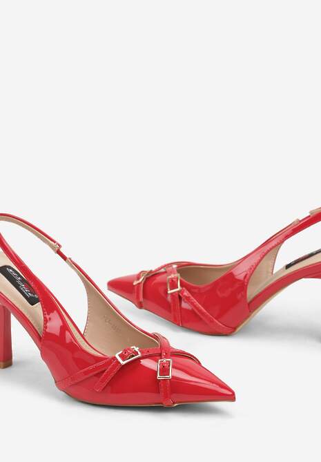 Czerwone Czółenka z Lakierowanym Połyskiem Ozdobione Sprzączkami Acinda