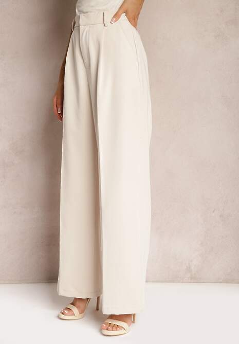 Jasnobeżowe Szerokie Spodnie High Waist Seraphella
