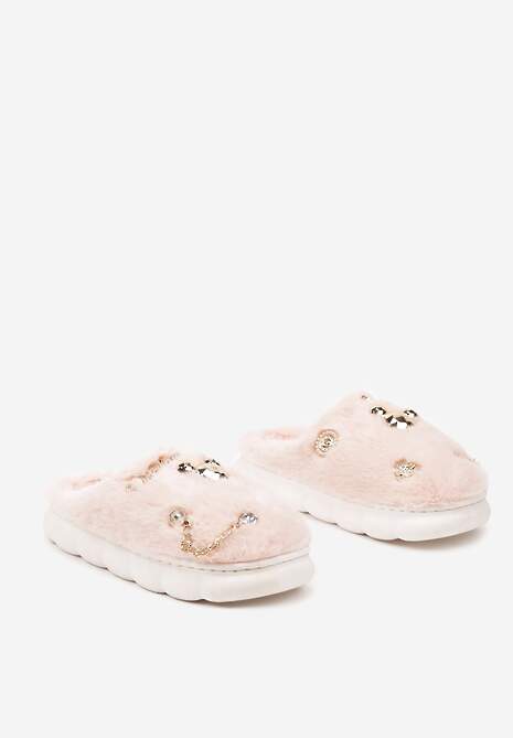 Różowe Kapcie na Płaskiej Podeszwie z Futerkiem Ozdobione Łańcuszkiem i Cyrkoniami Reanivia