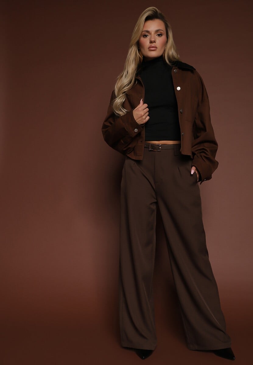 Brązowe Szerokie Spodnie Garniturowe Ozdobione Paskiem Cirrive