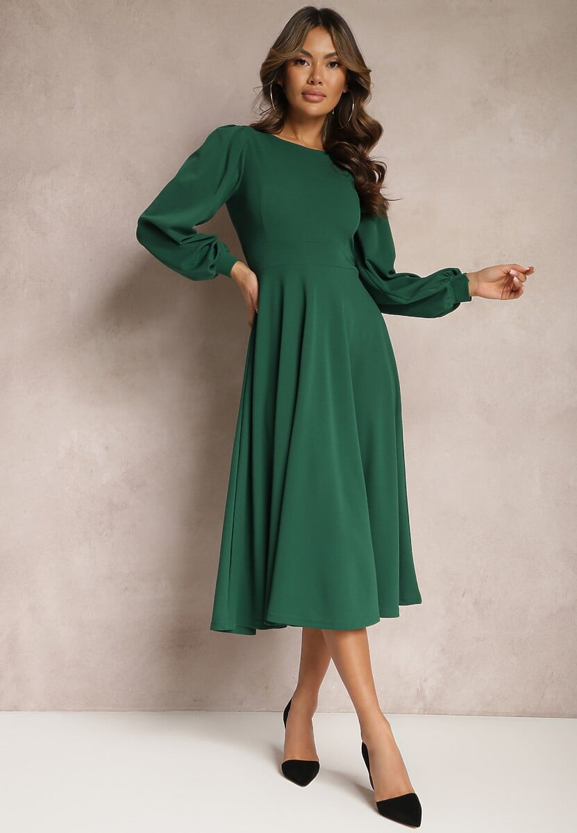Zielona Sukienka Midi o Rozkloszowanym Fasonie z Bufiastymi Rękawami Amatya