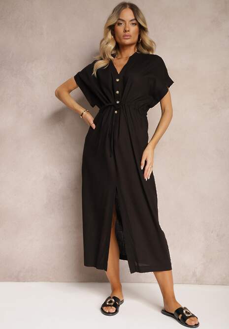 Czarna Sukienka z Bawełny z Górą o Koszulowym Kroju Ściągana w Pasie Viklia