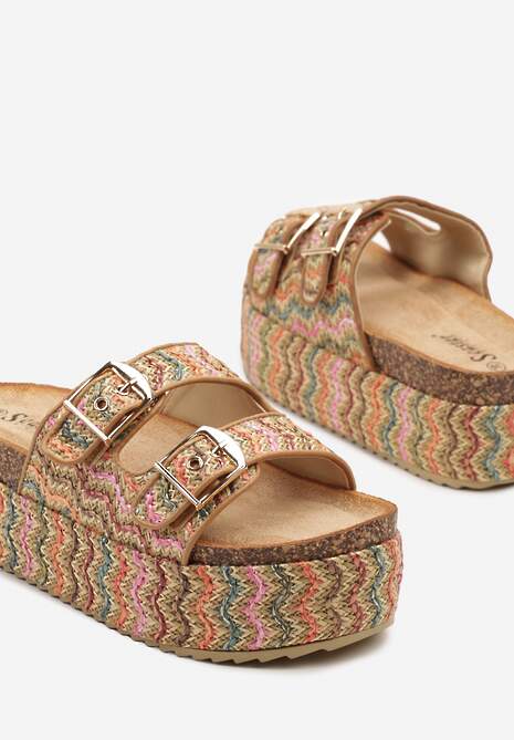 Ciemnobeżowe Plecione Klapki na Grubej Podeszwie w Geometryczny Wzór Fevilise