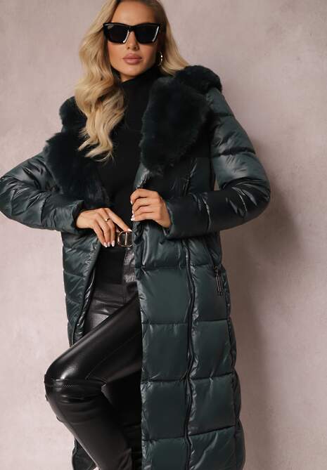 Ciemnozielona Pikowana Kurtka Płaszcz za Kolano z Wiązanym Paskiem i Futerkiem Vivenda