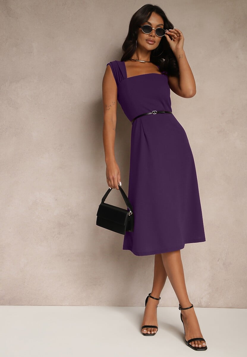 Fioletowa Klasyczna Sukienka z Szerokimi Ramiączkami Devielle