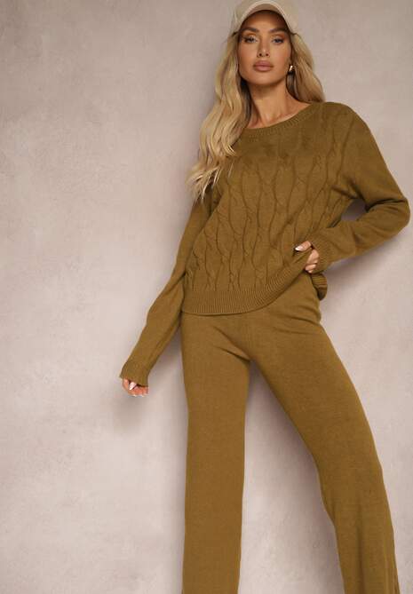 Zielony Komplet z Wełną ze Spodniami Typu Wide Leg i Strukturalnym Swetrem Naonella