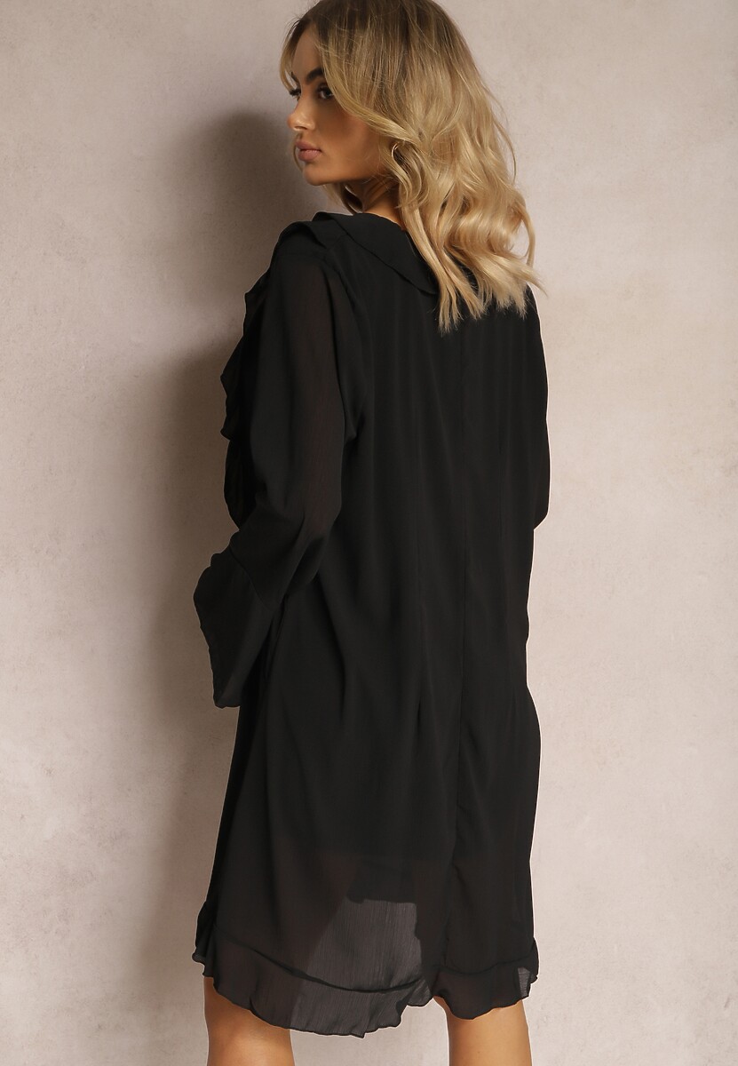 Czarna Sukienka z Rozkloszowanymi Rękawami Wiązaniem Przy Dekolcie i Falbankami Honoris