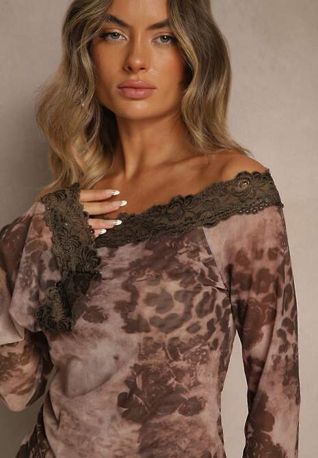 Brązowa Bluzka Siateczkowa Typu Hiszpanka z Bawełną i Wiskozą  z Koronką Nurriva