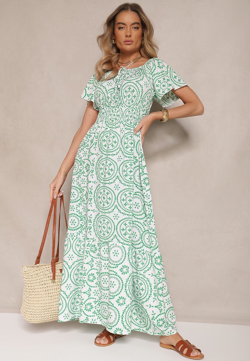 Zielono-Biała Sukienka o Rozkloszowanym Kroju z Bawełną w Abstrakcyjny Wzór Ldivena