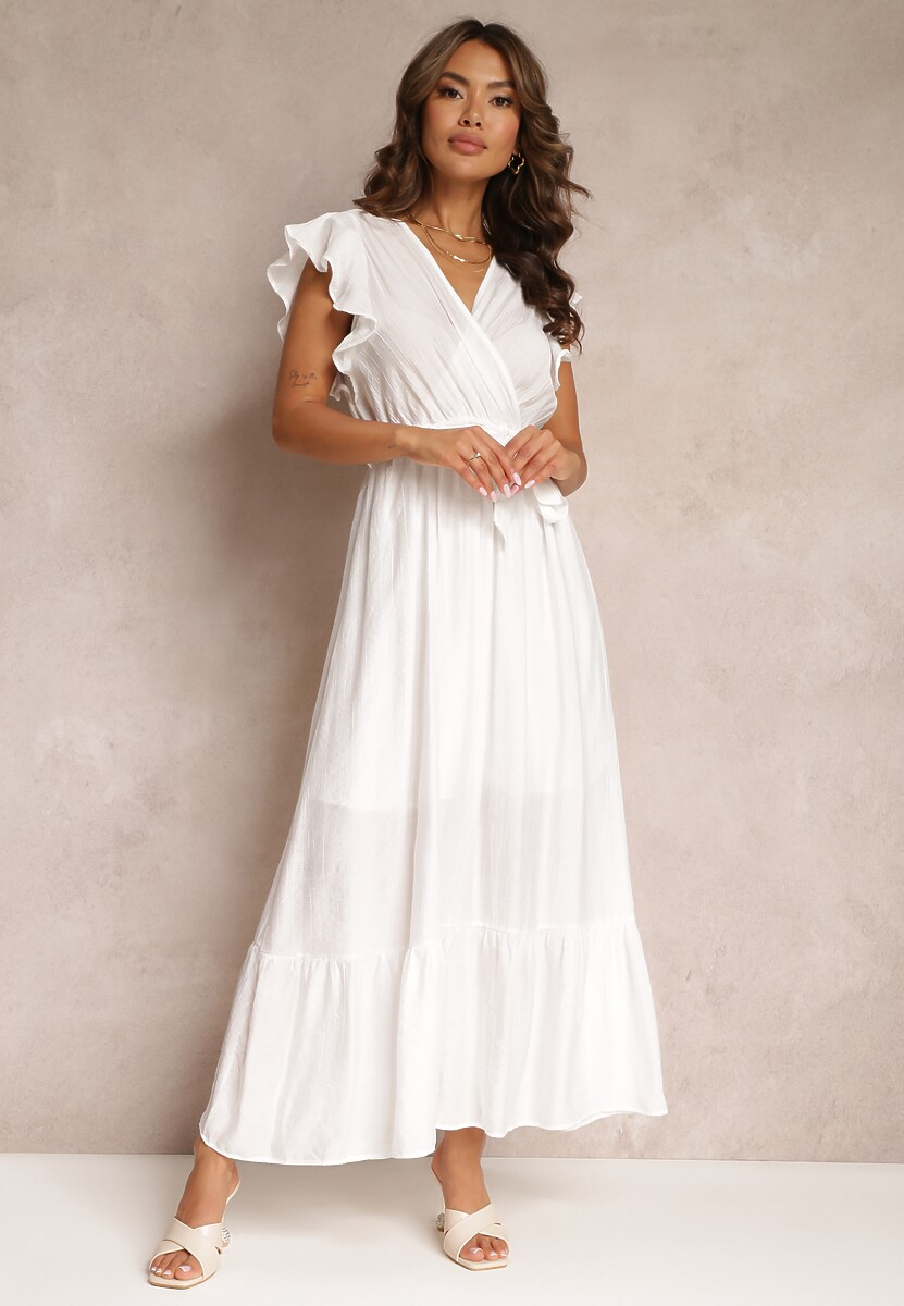 Biała Rozkloszowana Sukienka Maxi z Gumką w Talii Lavla