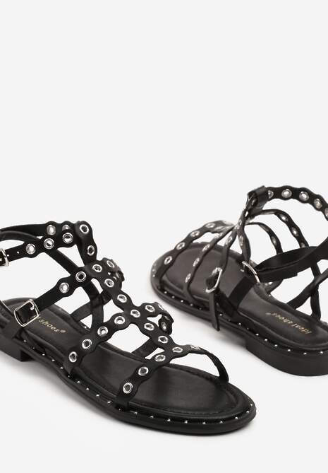 Czarne Sandały Ozdobione Nitami na Falowanych Paseczkach Divess