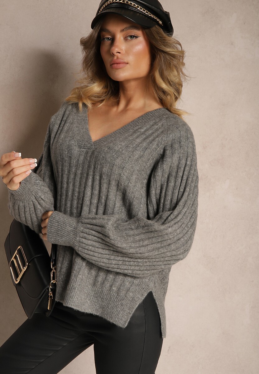 Szary Sweter Prążkowany z Wiskozą Wełną Rozcięciami i Ozdobnymi Ściągaczami Korinka