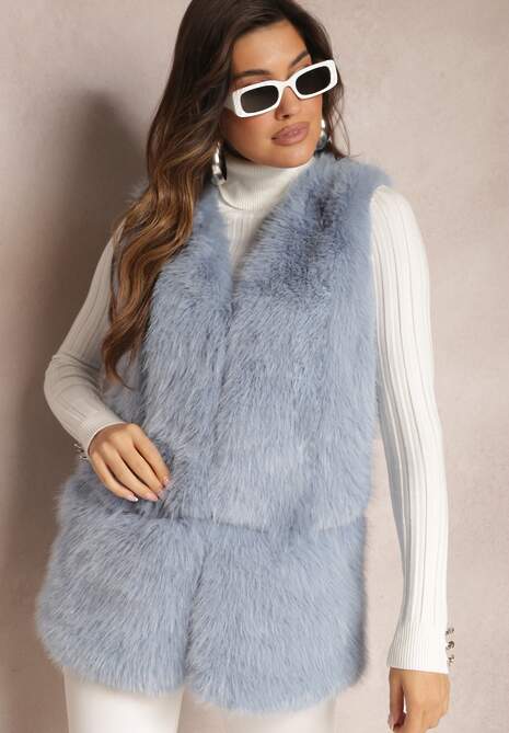 Jasnoniebieska Puchata Kamizelka z Futerka Ozdobiona Imitacją Skóry Tekllesa