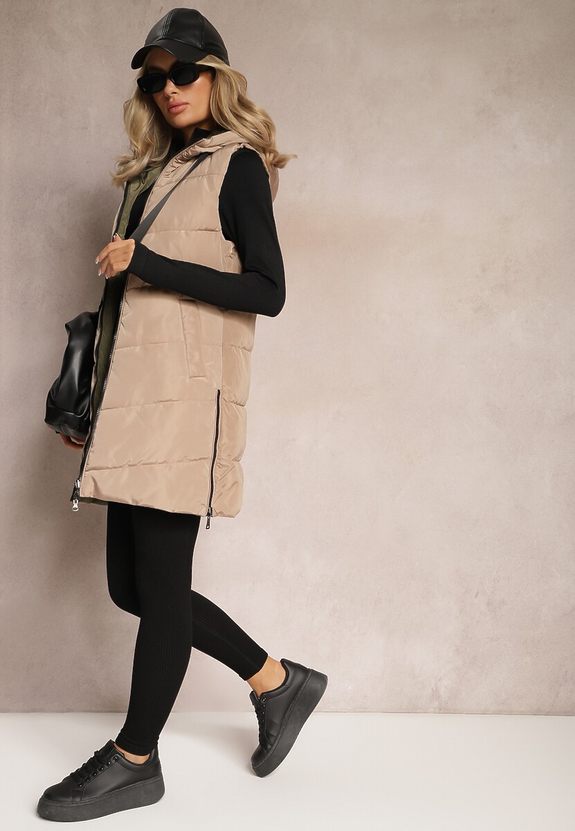 Ciemnobeżowa Długa Kamizelka Pikowana Dwustronna ze Sznurkami przy Kapturze Frenila