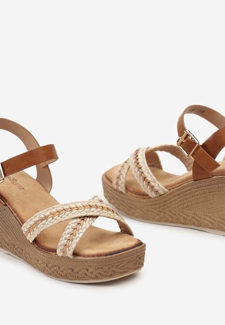 Beżowe Sandały na Koturnie z Jutową Plecionką i Splecionymi Paskami Rosadusk