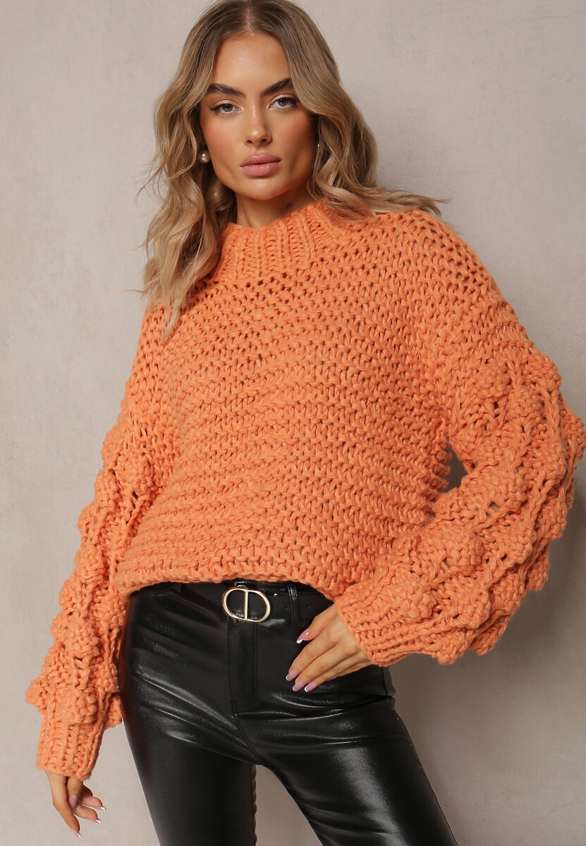 Pomarańczowy Klasyczny Golf z Ozdobnym Splotem na Rękawach Biska