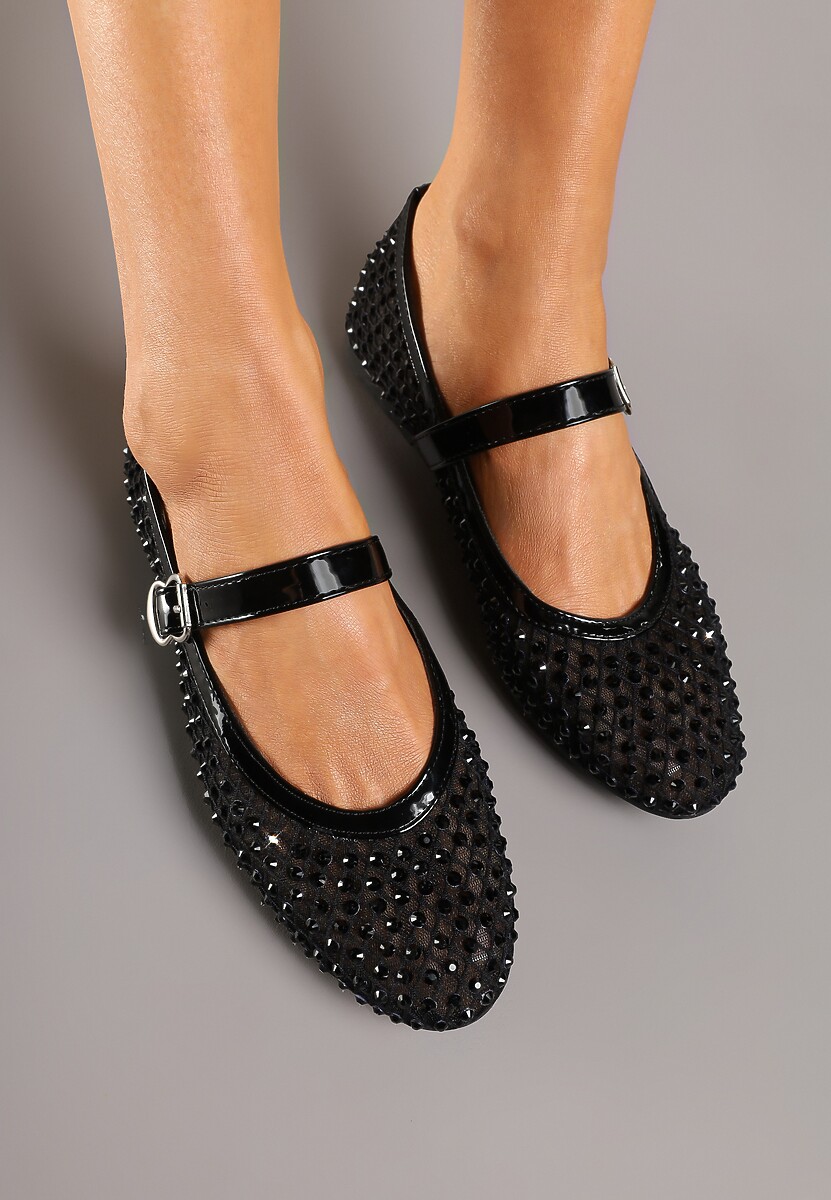 Czarne Balerinki z Siateczkową Cholewką z Cyrkoniami Adislena