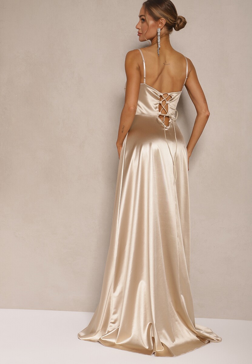 Beżowa Sukienka na Ramiączkach o Rozkloszowanym Kroju z Wiązaniem na Plecach Katirione