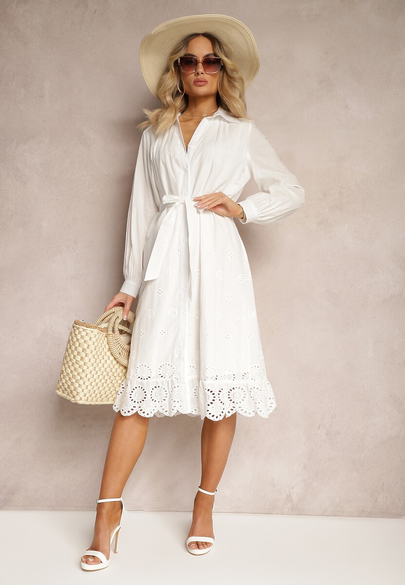 Biała Bawełniana Sukienka Koszulowa z Guzikami i Materiałowym Paskiem Wykończona Koronką Satala