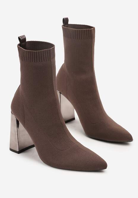 Brązowe Botki Vices na Słupku ze Skarpetową Cholewką Falacesa