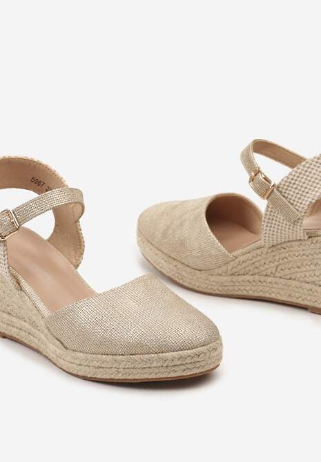 Złote Sandały na Plecionym Koturnie w Stylu Espadryli z Noskiem z Ekoskóry Beonira