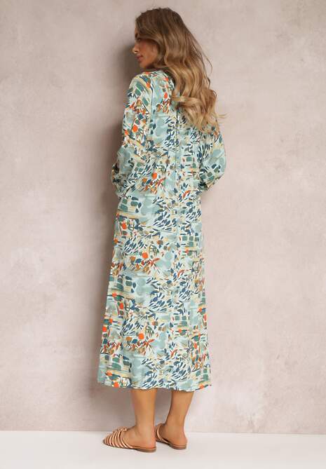 Miętowa Rozkloszowana Sukienka w Abstrakcyjny Wzór i Górą Zapinaną na Guziki Skylare