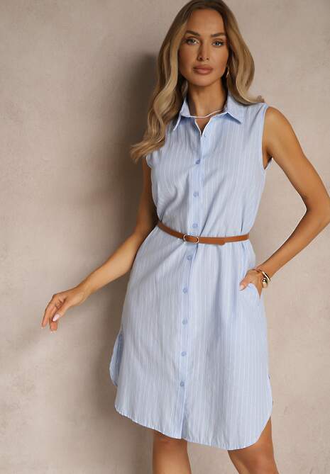 Jasnoniebieska Bawełniana Sukienka o Koszulowym Kroju Bez Rękawów z Paskiem z Klamerką Meporia