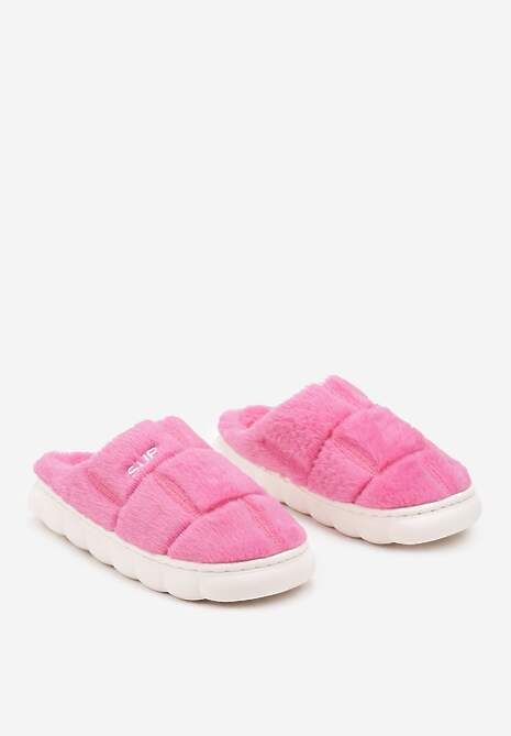 Fuksjowe Płaskie Futrzane Kapcie z Geometrycznym Wzorem Naoritha