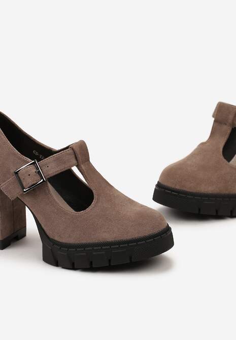 Ciemnobeżowe Półbuty na Słupku i Platformie ze Sprzączką i Wkładką ze Skóry Naturalnej Kaeilta