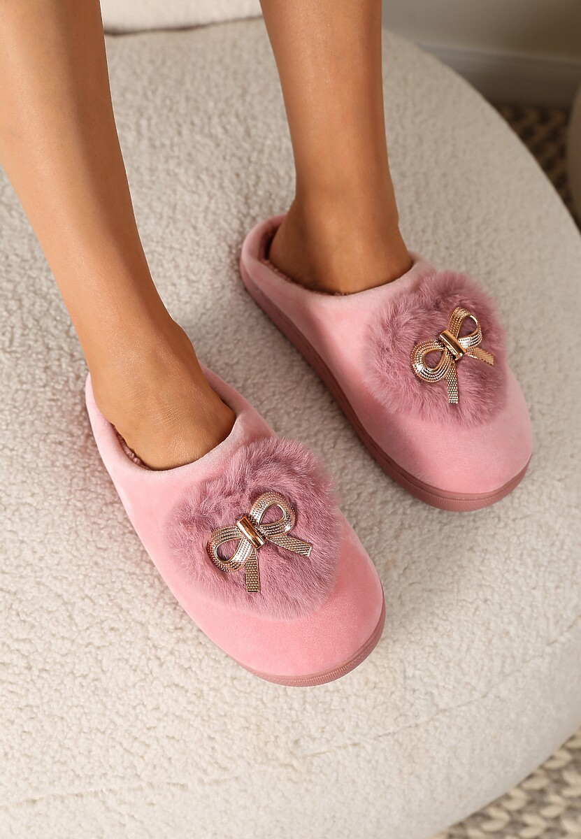 Ciemnoróżowe Kapcie na Płaskiej Podeszwie z Kokardą Lerilina