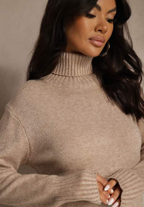 Beżowa Sweterkowa Sukienka z Bawełną i Golfem Reinaria