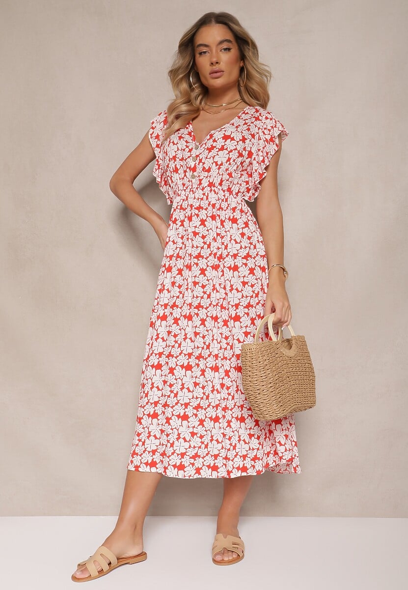 Czerwona Rozkloszowana Sukienka z Bawełny w Kwiatowy Wzór z Gumką w Talii Alaniria