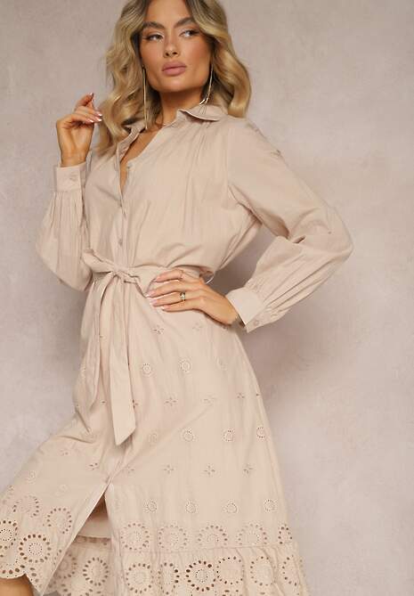 Beżowa Bawełniana Sukienka Koszulowa z Guzikami i Materiałowym Paskiem Wykończona Koronką Satala