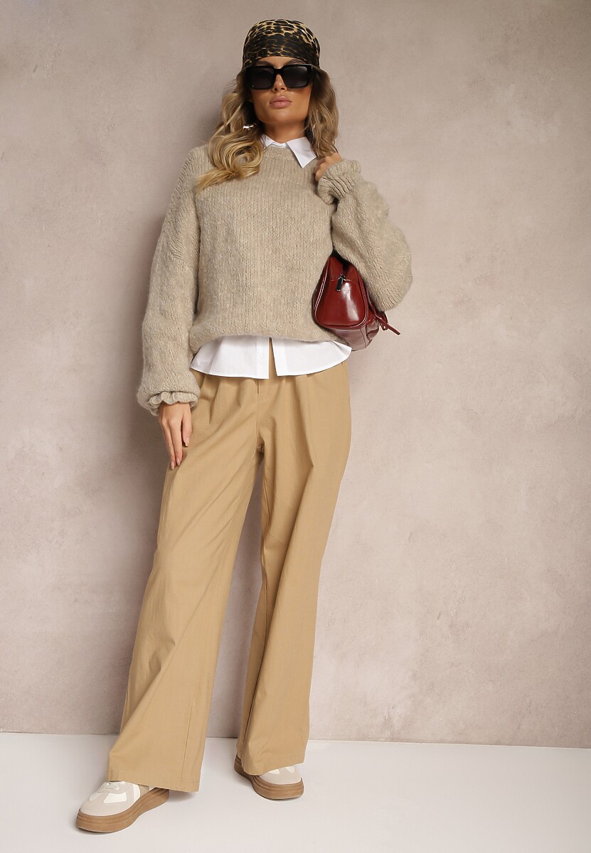 Ciemnobeżowe Spodnie High Waist z Bawełny z Szerokimi Nogawkami i Dodatkowym Paskiem Ezida