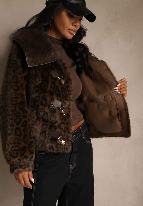 Brązowa Krótka Kurtka Futerko w Panterkę z Oryginalnym Zapięciem Otizana