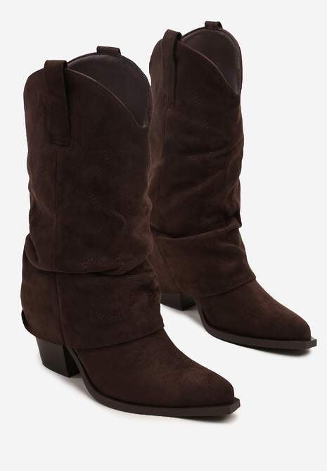Ciemnobrązowe Botki Kowbojki z Cholewką Imitującą Nogawkę Zellaxie