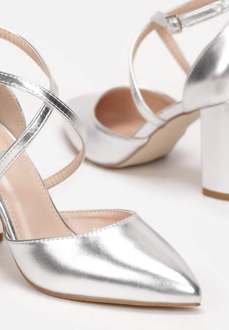 Srebrne Czółenka na Słupkowym Obcasie z Migdałowym Noskiem Aana