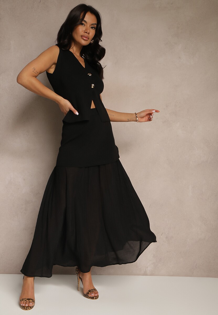 Czarny Elegancki Komplet Kamizelka i Rozkloszowana Spódnica Werani