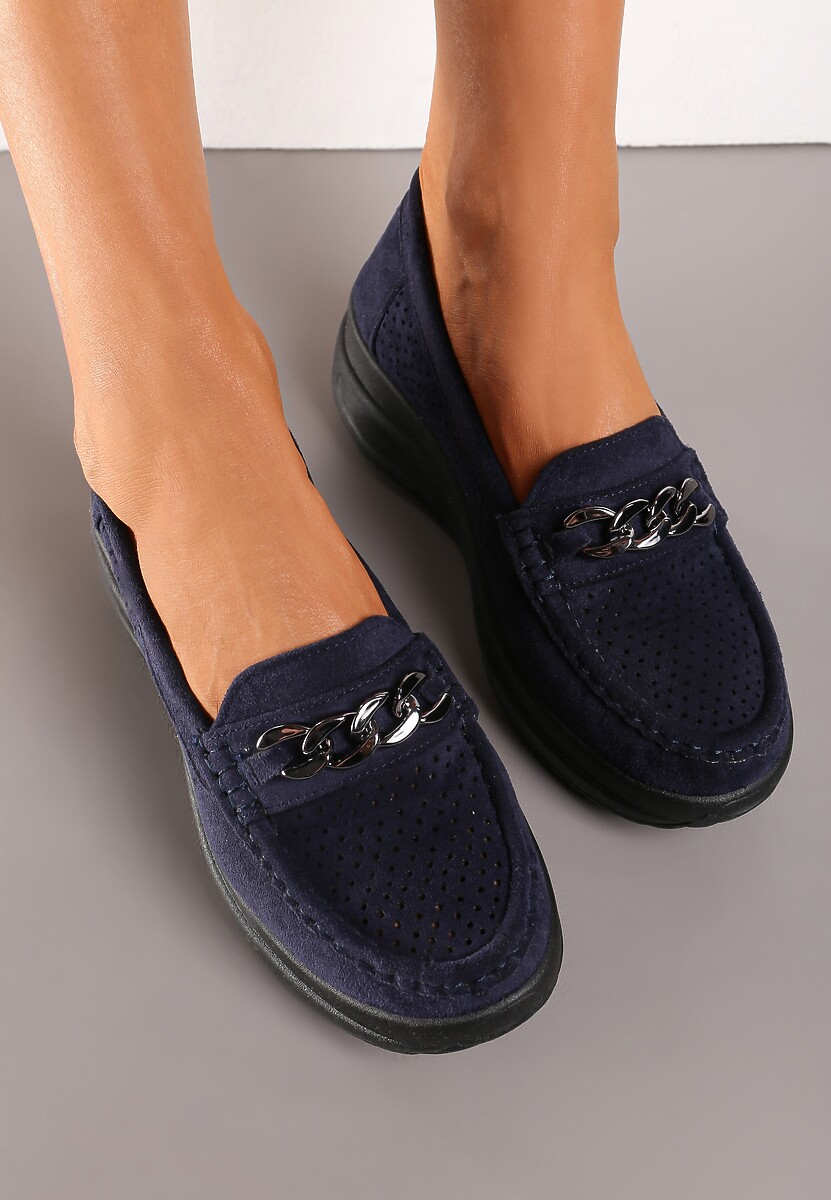 Granatowe Mokasyny na Platformie z Łańcuszkiem Himenna