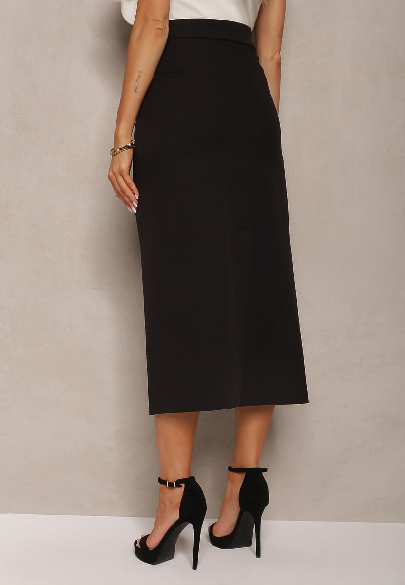 Czarna Trapezowa Spódnica z Rozcięciem Zapinana na Suwak Tiamahla