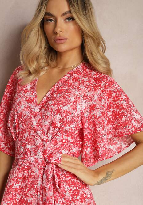 Czerwono-Różowy Kombinezon z Falbankami i Trójkątnym Dekoltem z Suwakiem z Tyłu Zintella