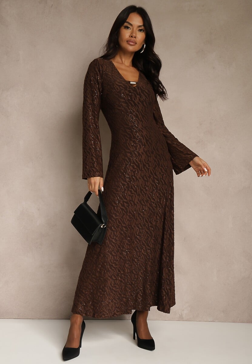 Brązowa Rozkloszowana Sukienka Longsleeve w Zebrę Zdobiona Brokatem Mevilisa