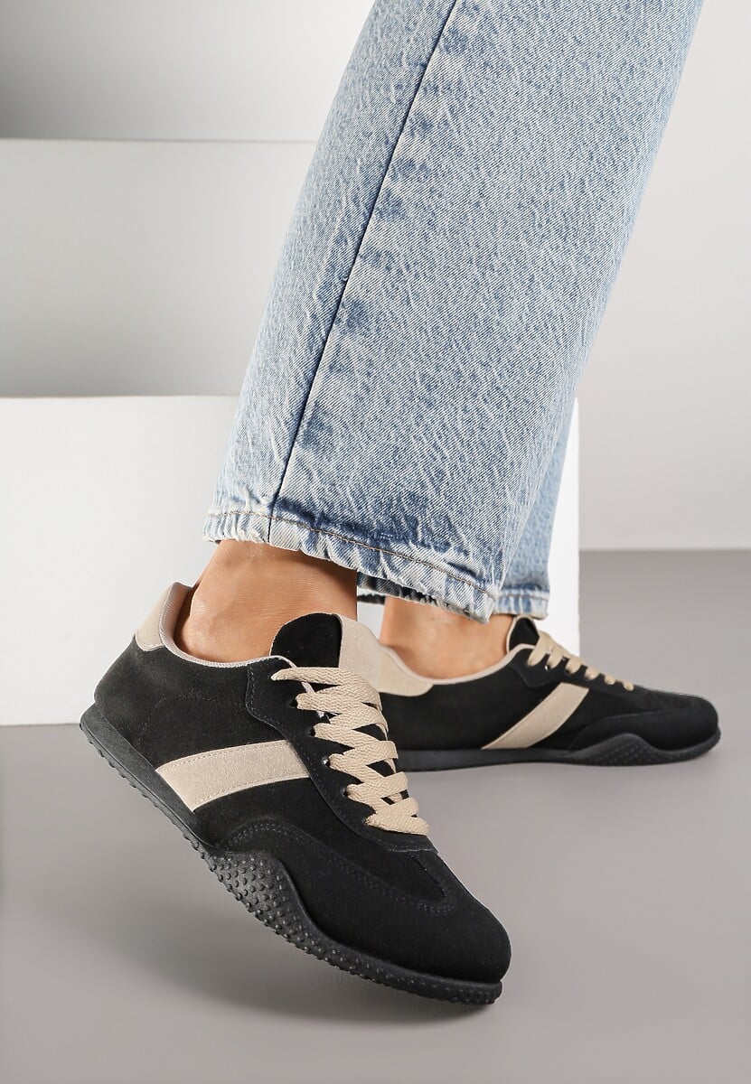Czarno-Beżowe Sneakersy Ozdobione Tłoczeniem Halennesa