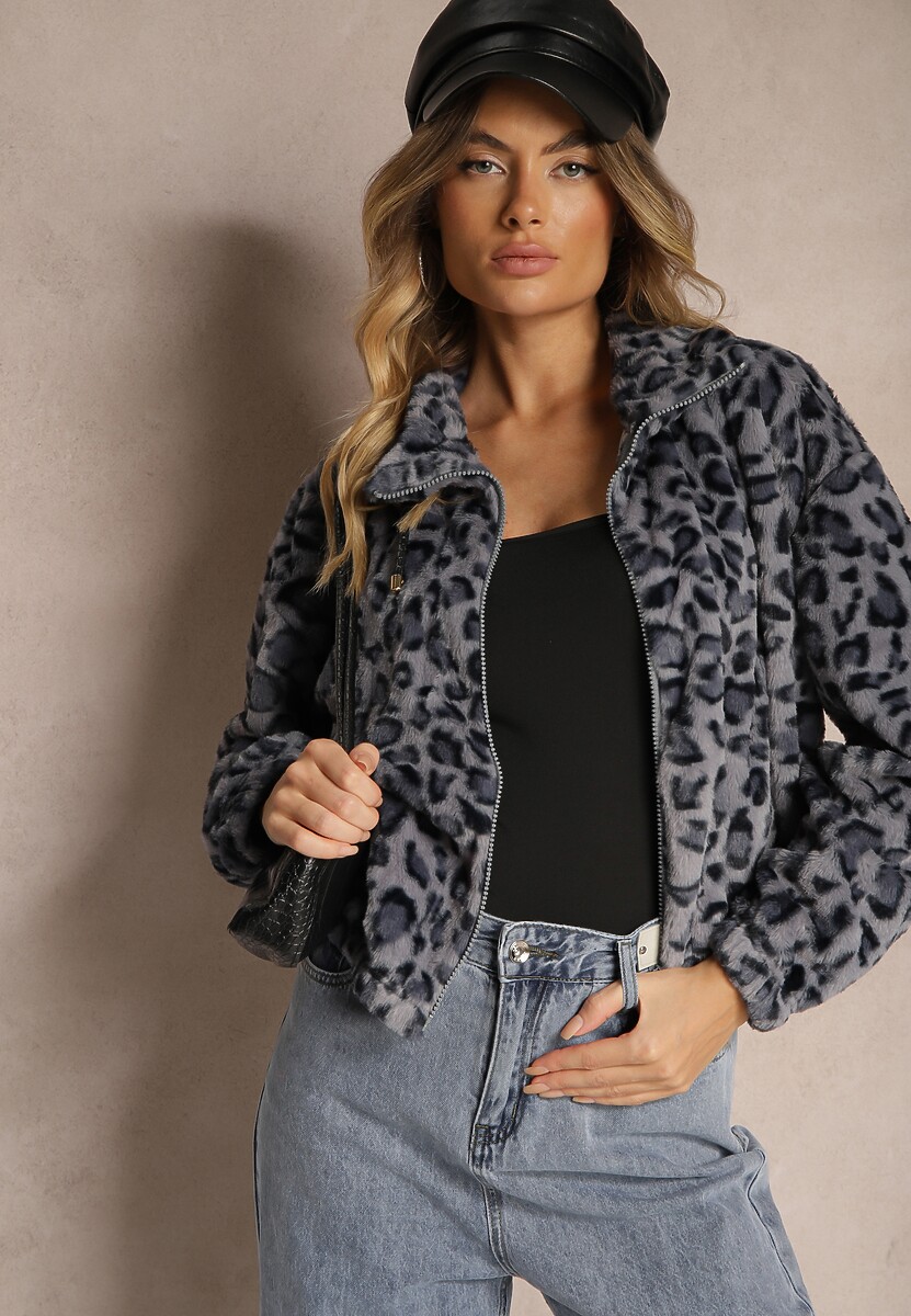 Szara Futerkowa Kurtka w Panterkowy Print o Klasycznym Kroju ze Stójką i Kieszeniami Belabine
