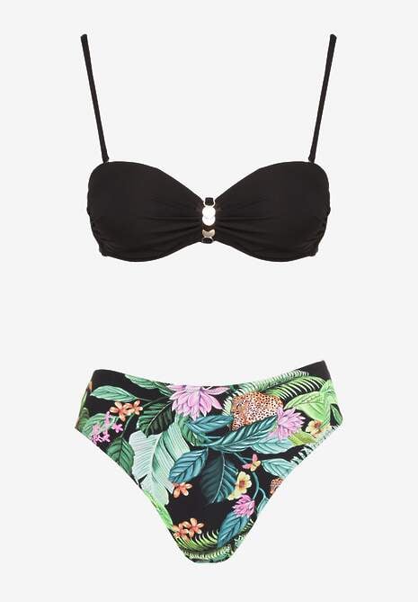Czarno-Zielone Bikini Majtki Figi i Biustonosz z Metalicznymi Aplikacjami Natorea