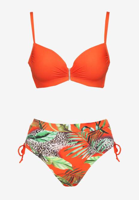 Pomarańczowe Bikini z Motywem Roślinnym Biustonosz i Majtki Figi ze Ściągaczami Sadorene